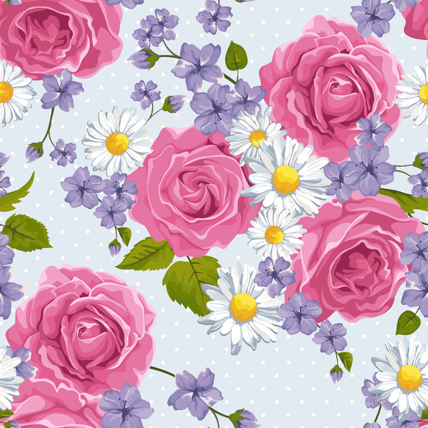 nahtlose Tapetenmuster mit Rosen und anderen Blumen auf Design-Hintergrund, Vektor-Illustration. - Vektor, Bild