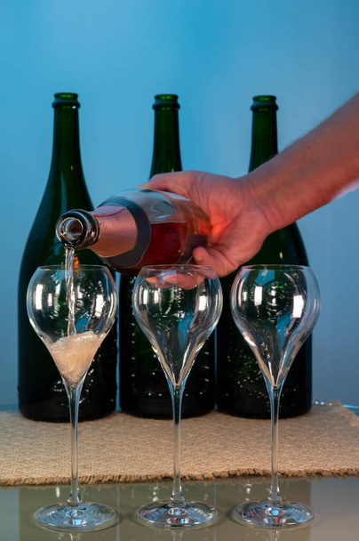 Tasting of rose brut Champagne sparkling wine in cellars of gran cru wine house in Epernay, wine tour in Champagne, France, magnum bottles on background - Fotografie, Obrázek