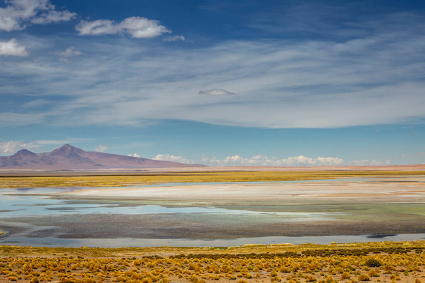 Salt lake reflection and idyllic volcanic landscape at Sunset, Atacama desert, Chile border with Bolivia - Zdjęcie, obraz