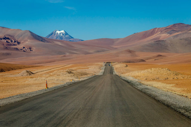 Road in Peaceful Moon Valley dramatic landscape at Sunset, Atacama Desert, Chile - Photo, Image