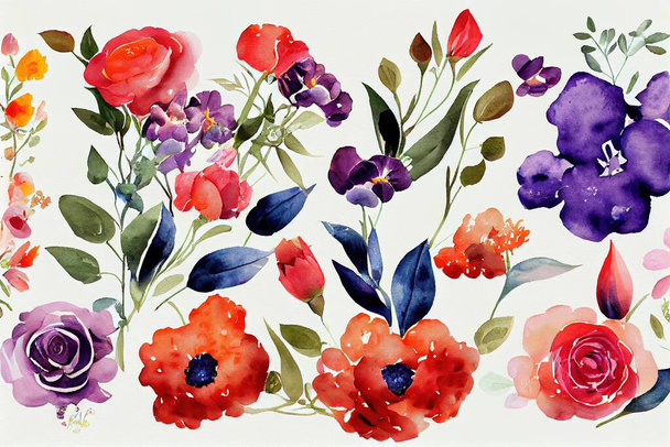 Flower bouquet set watercolor pieces of artwork design. Spring and summer flower nature in style of hand drawn watercolor. Digital art 3D illustration. - Photo, Image