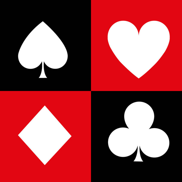 Bezproblémový vzor s kartovými obleky. červené a černé vektorové ikony jako pozadí. Diamanty a srdce, rýče a hole. - Vektor, obrázek