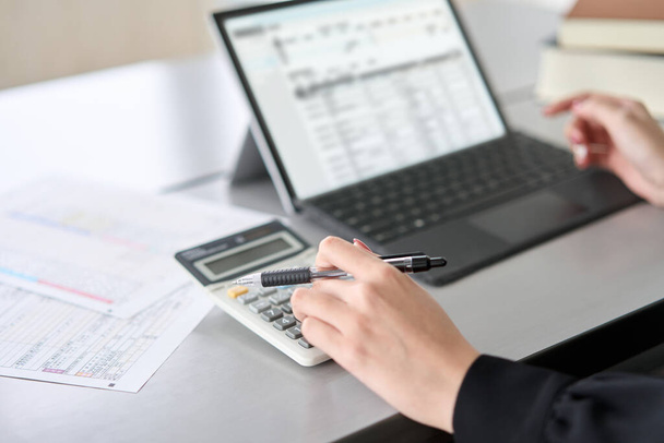 Азиатка с помощью бухгалтерского программного обеспечения и калькулятора - Фото, изображение