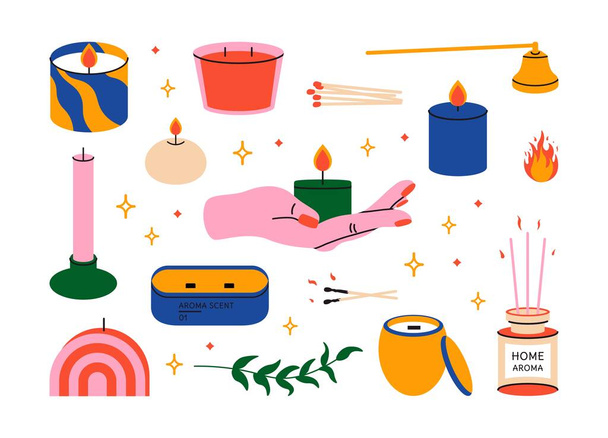 Cartoon candles various shapes. Scented candle wick fire matches aroma sticks, flat icon collection. Vector isolated set. - Vector, imagen