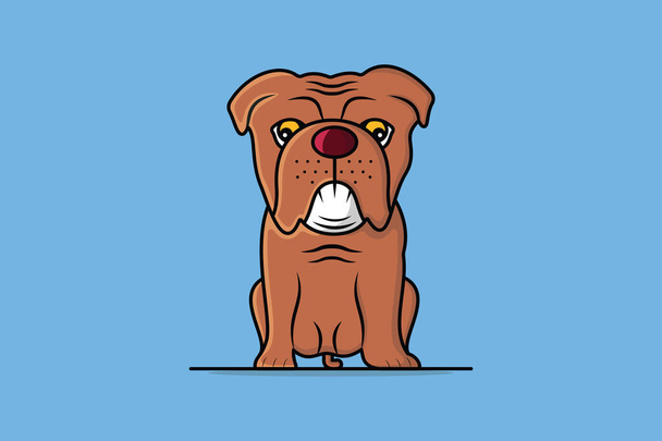Traurige Bulldog Sitting Zeichentrickfigur Vektor Illustration. Animal Nature Icon Konzept. Bulldoggesicht-Vektordesign mit Schatten auf blauem Hintergrund. Hundegesicht, Liebenswerter Hund, Doggy-Symbol, Sicherheit zu Hause. - Vektor, Bild