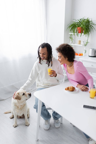 Улыбающаяся африканская американская пара смотрит на лабрадора рядом с завтраком и смартфон на кухне  - Фото, изображение