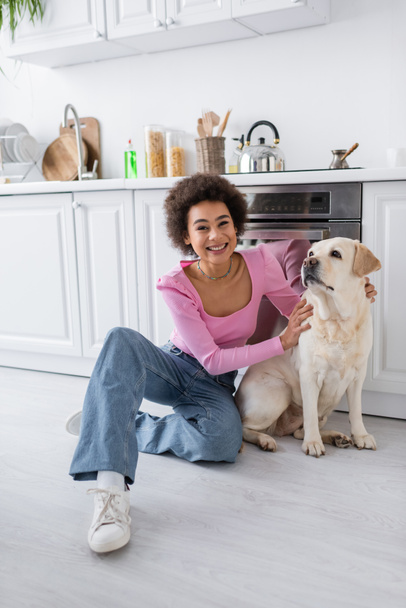 Positive african american woman looking at camera while petting labrador in kitchen  - 写真・画像