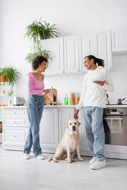 Positive afrikanisch-amerikanische Paar mit Tellern und Bürste sprechen in der Küche neben Labrador  - Foto, Bild