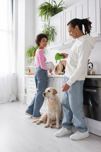 Positive african american woman washing plates near blurred boyfriend and labrador in kitchen  - Photo, image