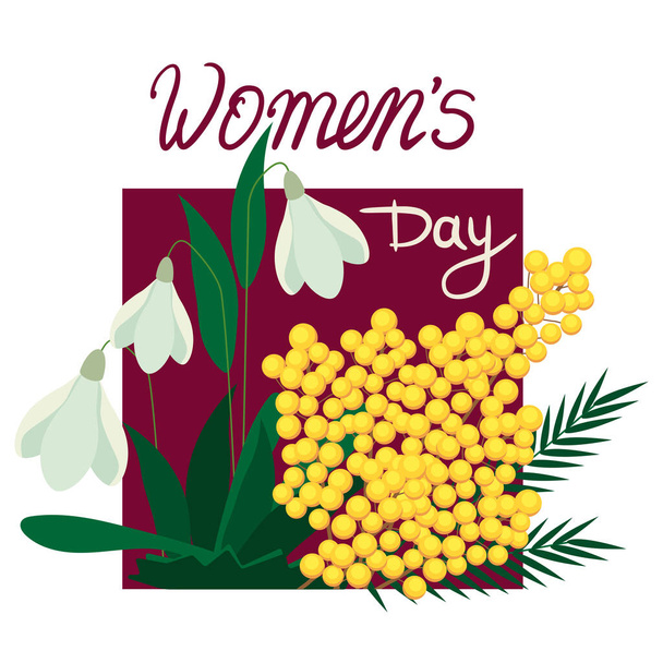 Επίπεδη ημέρα των γυναικών με μιμόζα και κρίνα κάρτα - Διάνυσμα, εικόνα
