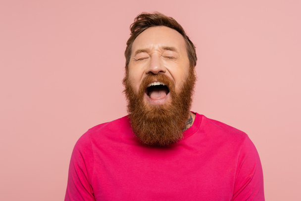 excited bearded man in magenta t-shirt laughing with closed eyes isolated on pink - Photo, image