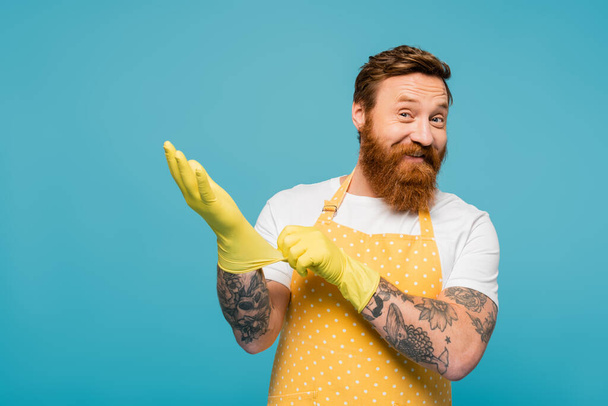 cheerful bearded man in apron looking at camera and wearing rubber gloves isolated on blue - Photo, Image