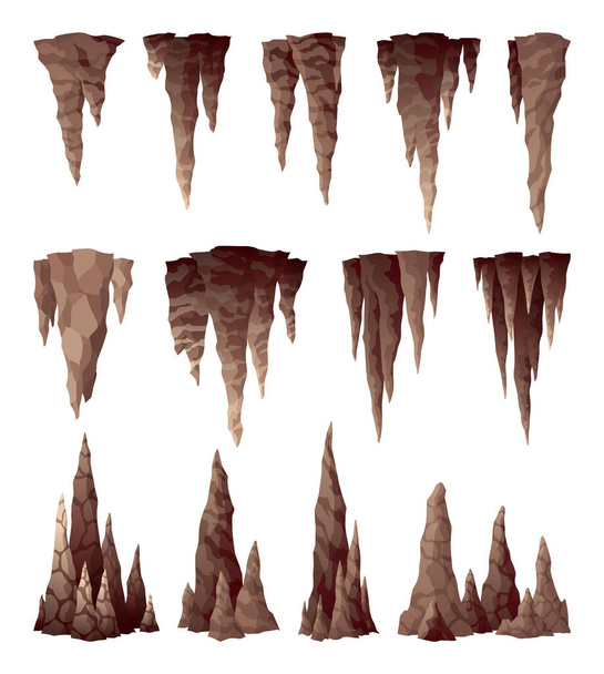 Stalactite stalagmite. Icicle shaped hanging and upward growing mineral formations in cave. Nature brown limestones, material stone icon. Natural growth geology formations. - Wektor, obraz