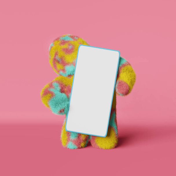Şirin, peluş gökkuşağı Yeti akıllı telefon modeli 3D pembe arkaplan. Yüzsüz, renkli, tüylü kocaayak. Modern yaratıcı minimalist bayram indirimi tasarımı. Çağdaş reklam afişi şablonu. - Fotoğraf, Görsel