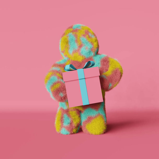 Cute plush rainbow Yeti with gift box 3d rendering hairy character pink background. Faceless colorful furry bigfoot. Modern creative minimalist shop holiday sale design Contemporary advertising banner - Foto, Bild