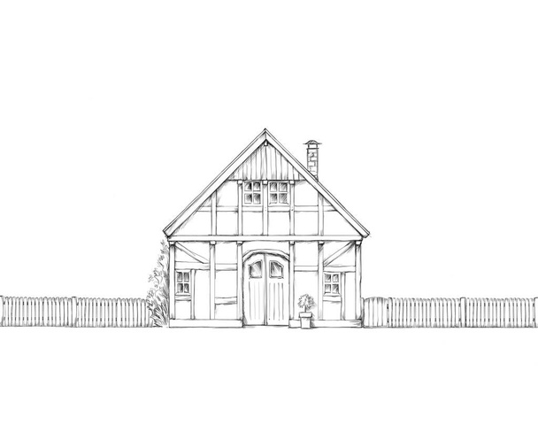 Illustration of a cute half-timbered house from the front on a white background - Foto, imagen