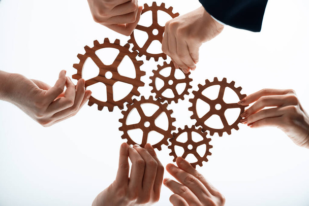 Hand holding wooden gear by businesspeople wearing suit for harmony synergy in office workplace concept. Isolated background. Bottom view of people hand make chain of gear into collective unity symbol - Fotó, kép