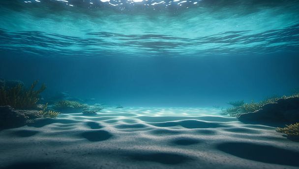 Underwater Sea - Deep Abyss With Blue Sun light. 3D Illustration Concept - Fotoğraf, Görsel