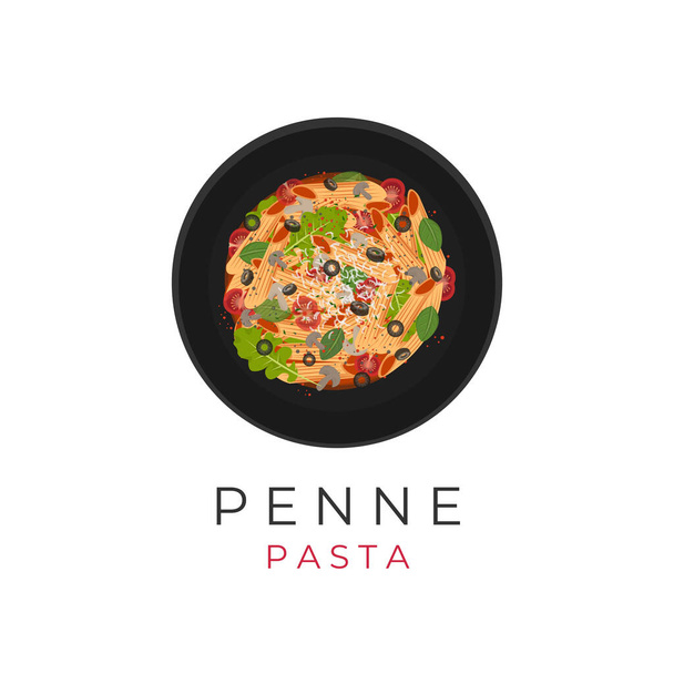 Illustration Logo von Penne Pasta mit würziger Tomatensauce grüner Basilikum und geriebenem Käse - Vektor, Bild