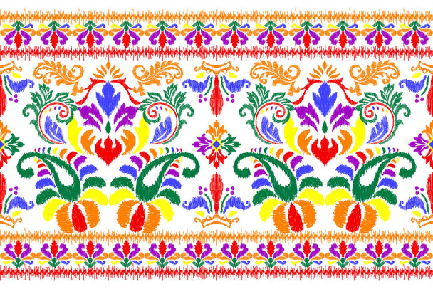 Цветные Ikat цветочные paisley вышивки на белом фоне .geometric этнического восточного шаблона traditional.Aztec стиле абстрактный вектор illustration.design для текстуры, ткани, одежды, обертывания, шарф. - Вектор,изображение