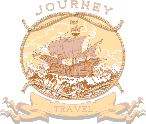 imagen vectorial del emblema de los viajes por mar, regatas, cruceros en el estilo de arte de línea retro gráfica - Vector, Imagen