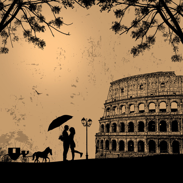 Pari siluetti rakastunut edessä Colosseum
 - Vektori, kuva