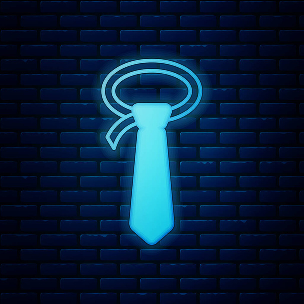 Ragyogó neon nyakkendő ikon elszigetelt téglafal háttér. Nyakkendő és nyakkendő szimbólum. Vektor - Vektor, kép