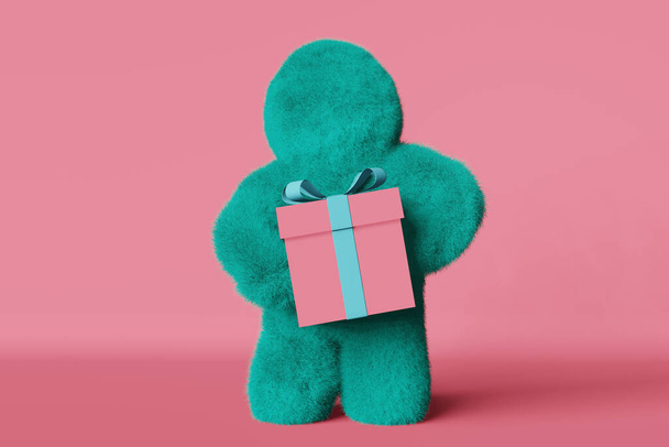 Cute plush rainbow Yeti with gift box 3d rendering hairy character pink background. Faceless colorful furry bigfoot. Modern creative minimalist shop holiday sale design Contemporary advertising banner - Foto, Bild