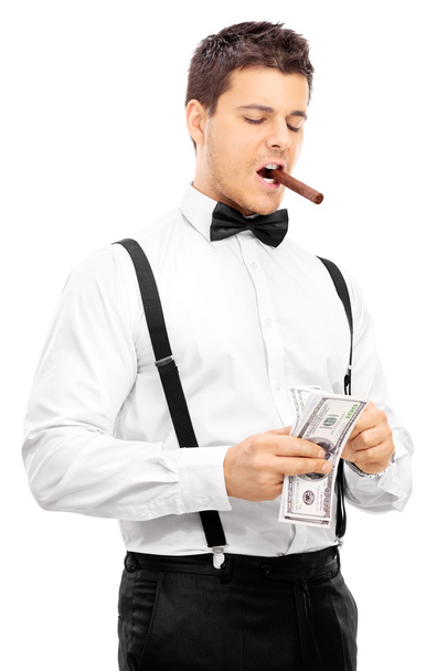 Guy with cigar counting money - Fotoğraf, Görsel