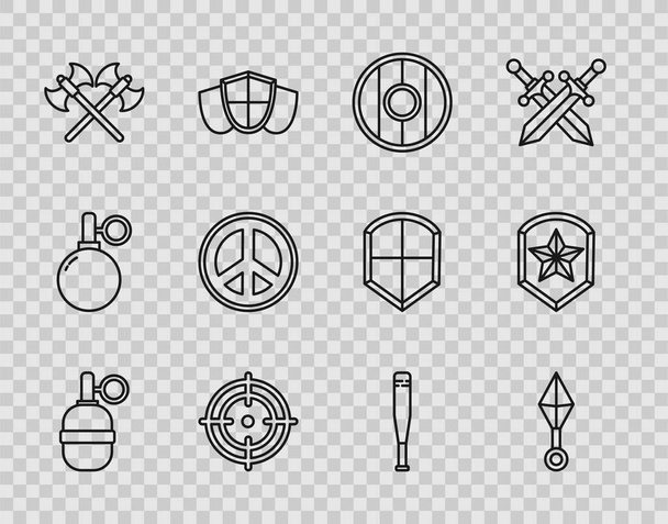 Set line Hand grenade, Japanese ninja shuriken, Round wooden shield, Target sport, Crossed medieval axes, Peace, Baseball bat and Police badge icon. Vector - Vektor, obrázek