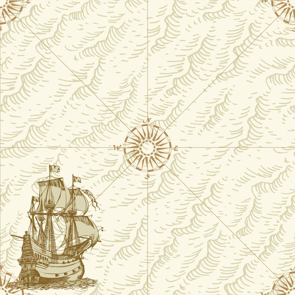 Imagem vetorial de uma textura sem costura no estilo de um registro náutico medieval do esboço de gravura do diário do capitão - Vetor, Imagem