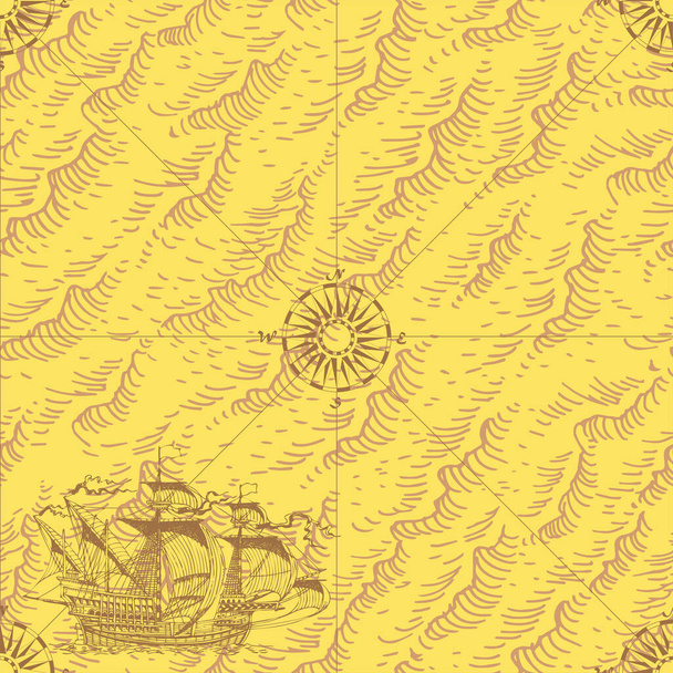 wektorowy obraz starożytnej mapy morskiej szlaków morskich średniowiecznych statków - Wektor, obraz