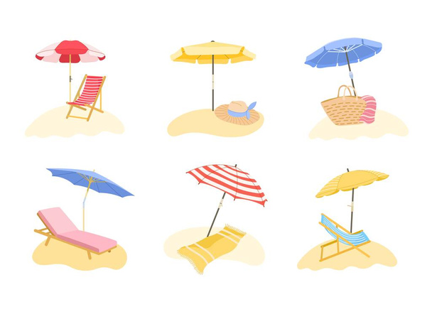 Beach sunshade. Deck chair and sun protection umbrella for summer resort vacation on beach vector illustration set. Chaises for sunbathing, protective hat and towel vacation accessories - Vettoriali, immagini