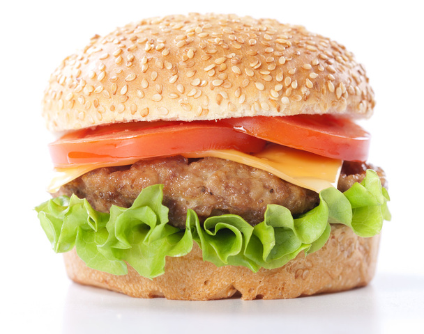 cheeseburger s rajčaty a salátem - Fotografie, Obrázek