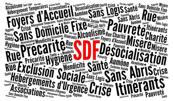 Homeless word cloud called SDF sans domicile fixe in French language - 写真・画像