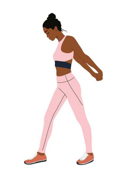 Sporty girl flat vector realistic illustration isolated on white background. Attractive young black woman in sportswear doing workout exercise. - Vector, afbeelding