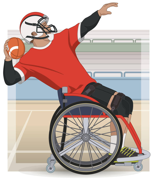 para urheilu pyörätuoli USA jalkapallo mies pelaaja, heittää pallo kentällä tausta - Vektori, kuva