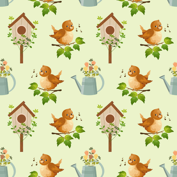 Seamless spring pattern, cute sparrow birds, wooden birdhouses and flowers in watering cans. Background, baby wallpaper, textile, vector - Vecteur, image