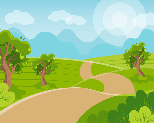 Paisaje primaveral, camino rural y árboles en los campos y prados en el fondo del cielo y el sol. Ilustración, póster, vector - Vector, imagen
