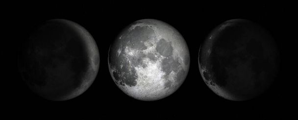 Digitally generated photograph of the moon phases showing the "Triple Goddess" symbol of the waxing, full and waning moon, representing the aspects of Maiden, Mother, and Crone. - 写真・画像