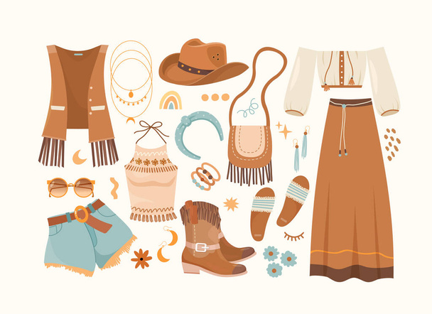 Cute clothes and accessories in a boho style - Vector, Image