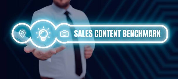 Text caption presenting Sales Content Benchmark, Business idea manage their team by analyzing metrics and KPIs of selling - Photo, Image