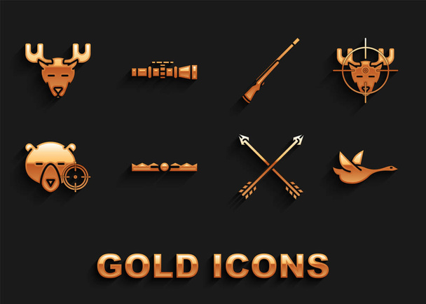 Set Trap hunting, Hunt on moose with crosshairs, Flying duck, Crossed arrows, bear, Hunting gun, Moose head horns and Sniper optical sight icon. Vector - Vettoriali, immagini