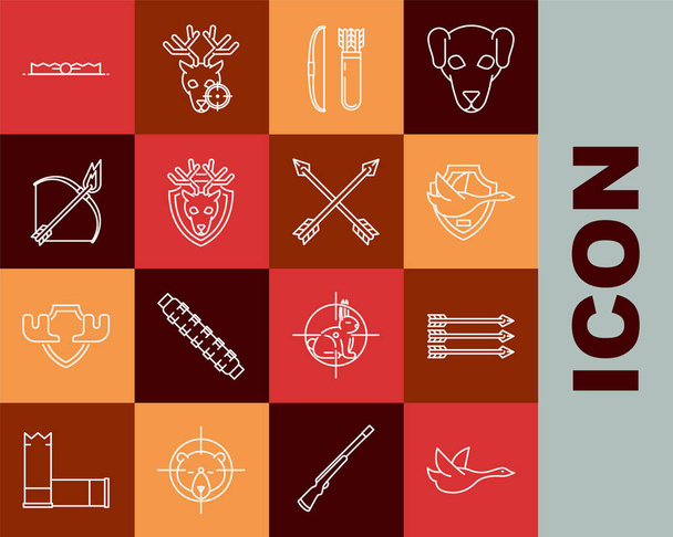Set line Flying duck, Hipster arrows, on shield, Bow and quiver, Deer head with antlers, fire, Trap hunting and Crossed icon. Vector - Vector, Image