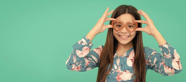 Valentines is near. Funny child wear prop glasses. Happy Valentines day. Funny teenager child on party, poster banner header with copy space - Fotó, kép