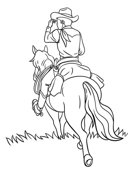 Eine süße und lustige Malseite von Cowboy Horseback Riding. Bietet stundenlangen Malspaß für Kinder. Farbe, diese Seite ist sehr einfach. Geeignet für kleine Kinder und Kleinkinder. - Vektor, Bild