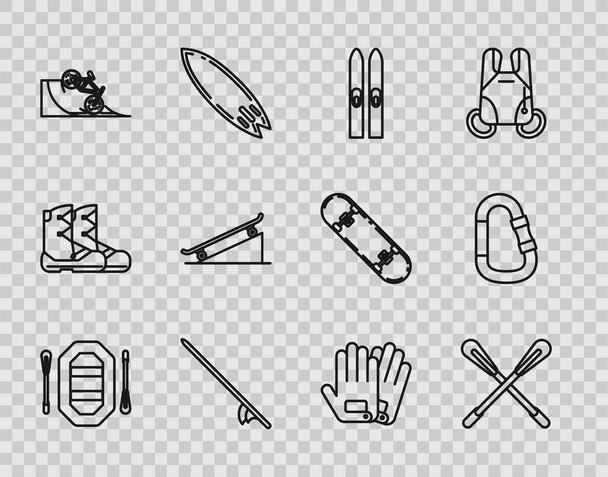 Set line Rafting boat, Crossed paddle, Ski and sticks, Surfboard, Bicycle on street ramp, Skateboard, Gloves and Carabiner icon. Vector - Vecteur, image