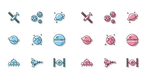 Set line UFO flying spaceship, Ray gun, Satellite, Cosmic, Earth globe, Death star, Planet and  icon. Vector - Vektor, kép