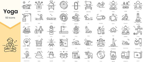 Simple Outline Set of Yoga Icons. Thin Line Collection contains such Icons as acroyoga, aroma, balance ball, balance ball chair, balance board and more - Vettoriali, immagini