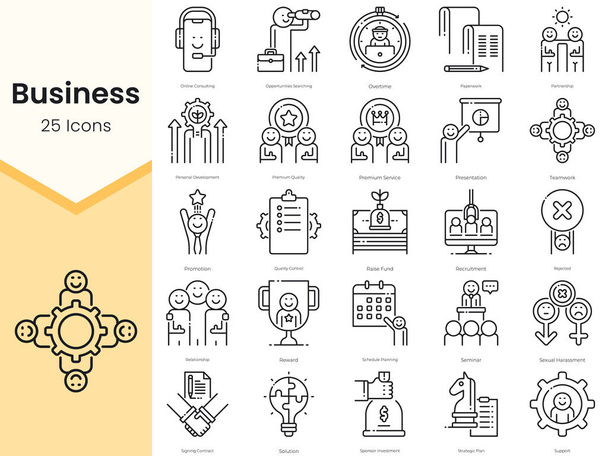 Simple Outline Set of Business Icons. Thin Line Collection contains such Icons as overtime, paperwork, partnership, personal development and more - Vektor, Bild